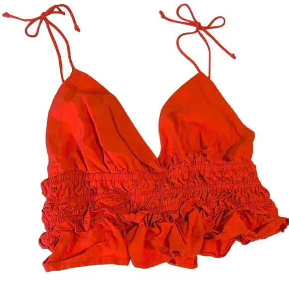 Sim & Sam MED PAOLINA RED Smocked Strappy Ruffled Tiered Boho Festival Crop Top - Picture 2 of 5